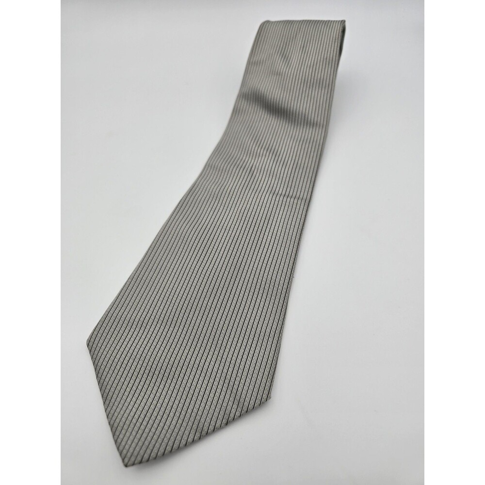 DKNY Mens Necktie Gray Black Fine Vertical Stripe 100% Silk Business Casual Tie